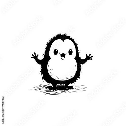 Adorable monochrome fluffy penguin illustration with outstretched flippers illustration