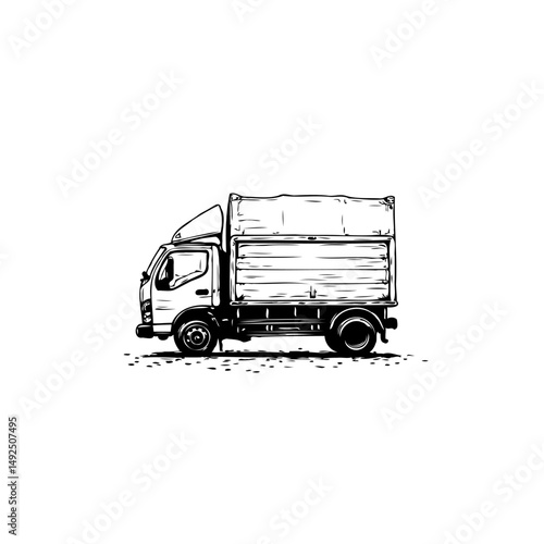 Monochrome illustration: Compact freight truck conveyance isolated on white backdrop