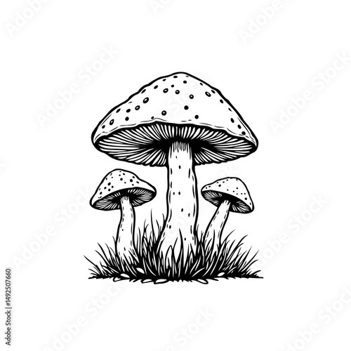 Enchanting forest floor featuring a trio of monochrome sketched mushrooms
