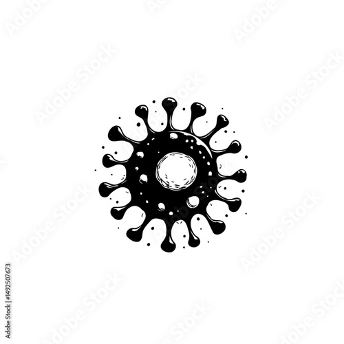Stylized monochrome viral particle illustration with grainy interior texture