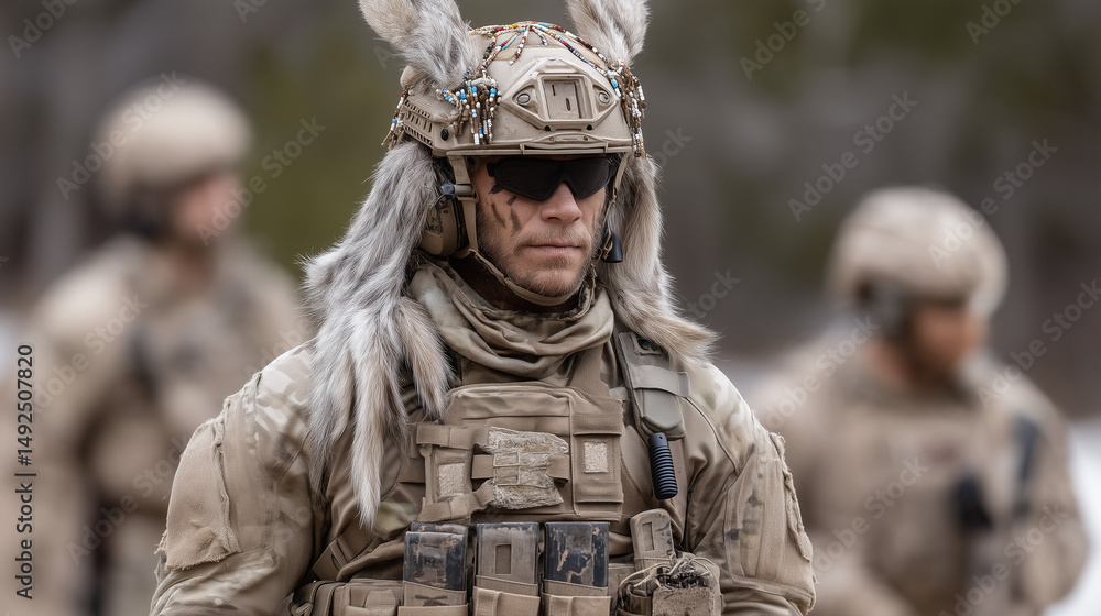 Fototapeta premium Military Person with Rabbit's Ears: A soldier with a unique rabbit-themed helmet stands out amid the backdrop of a training ground, a symbol of lightheartedness blended with military rigor