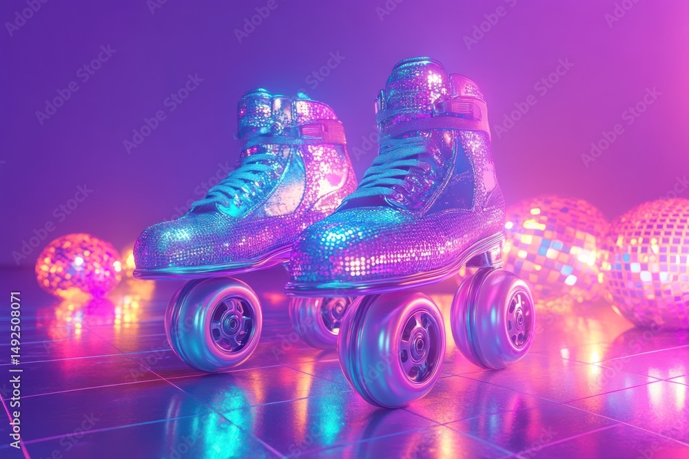 Pair of rhinestone roller skates under neon light