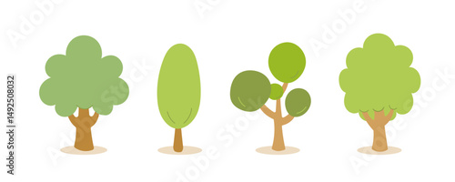 Set of cute cartoon-style trees in various shapes vector illustration. Round and conical green trees in a cheerful, whimsical design.