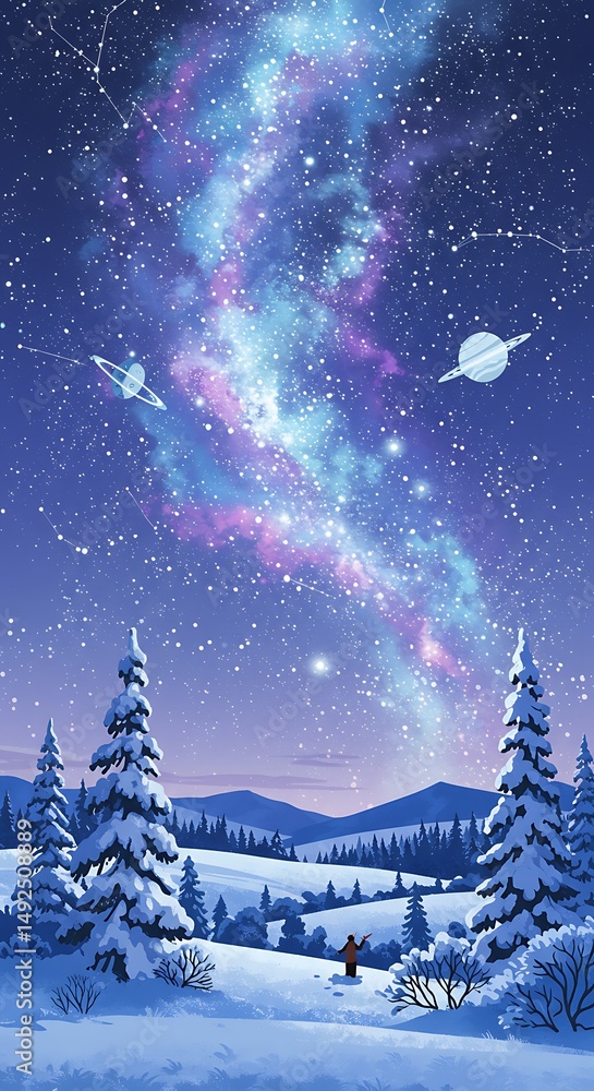 Naklejka premium Celestial Whisper Over Winter's Embrace