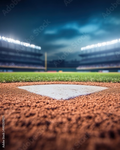 Close-up of home plate at a baseball stadium under stadium lights at night, sports scene, low angle perspective
