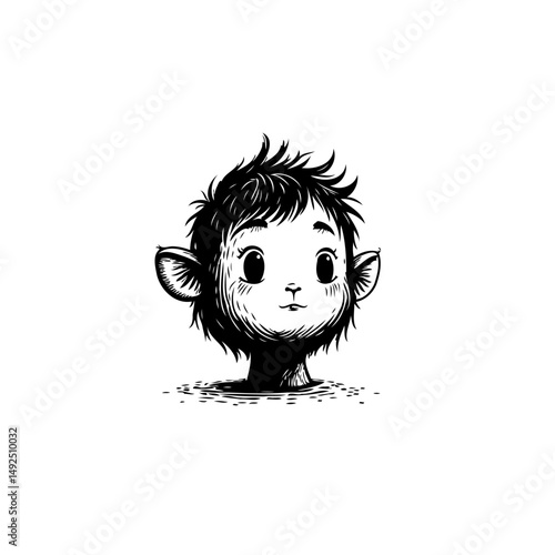 Whimsical monochrome creature portrait with expressive gaze and unique features
