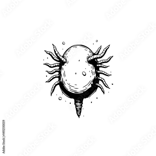 Monochrome surrealistic invertebrate drawing with tubular appendages emerging from body