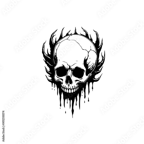Monochrome skull visage framed by jagged, shadowy elements, expressing mortality