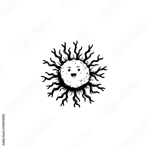 Whimsical microbe with playful expression and radiating tendrils illustration