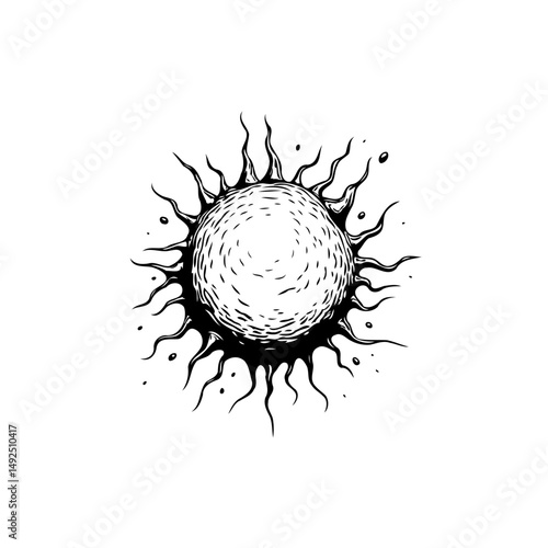 Monochrome celestial sphere illustration with spiky projections on a white backdrop