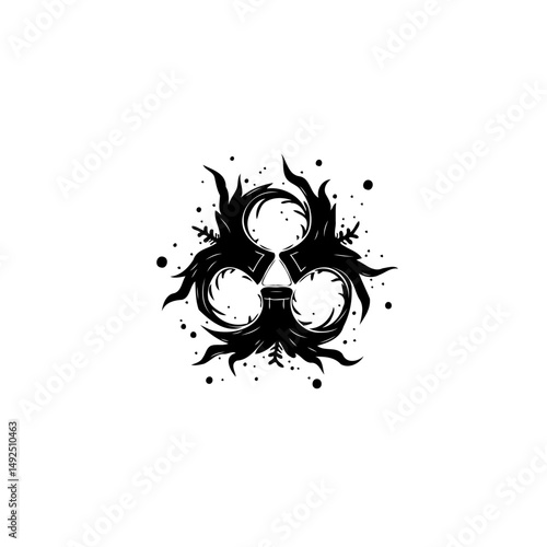 Dark botanical trefoil motif with swirling tendrils in a graphic arrangement