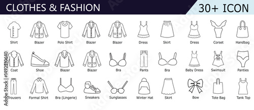 Clothes web line icons. Fashion icons. T-shirt, Pants, Jacket, Dress, Short, Shoe, Shirt symbols. vector illustrations.