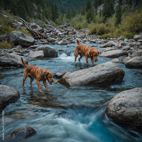 “Dogs playing fetch with sticks in a crystal-blue mountain stream”
