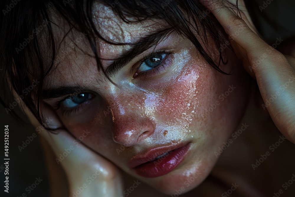 Close up portrait of a woman with wet skin