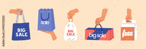 Set of human hands holding bags for shopping. People carry packs of goods, kraft packaging with purchases, cardboard box with gift. Discounts, sale in store. Flat isolated vector illustrations