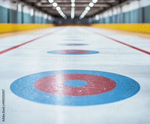 Ice curling rink with red and blue target rings on smooth frozen surface.