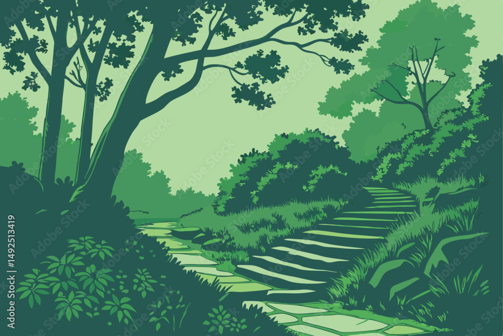 Fototapeta premium 163 lush green forest,stone steps,blue sky,nature landscape,botanical garden,peaceful path,overgrown steps,vibrant foliage,serene garden,natural outdoor setting