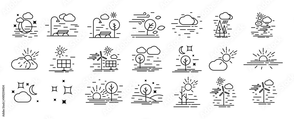 Ecologic and weather landscape line icons set vector illustration Ecologic and weather landscape line icons set vector illustration