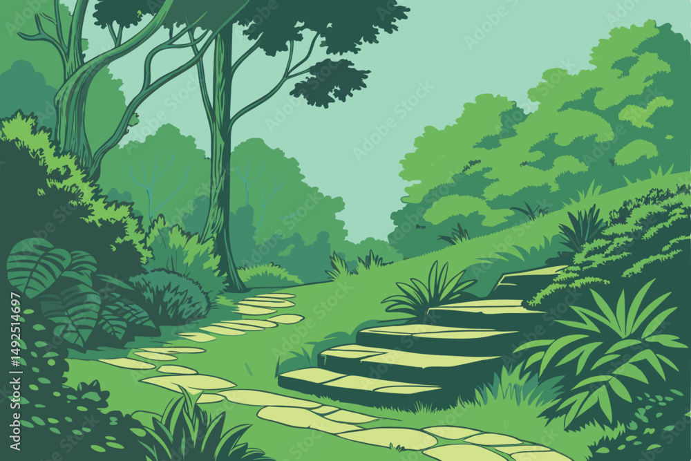 Fototapeta premium 163 lush green forest,stone steps,blue sky,nature landscape,botanical garden,peaceful path,overgrown steps,vibrant foliage,serene garden,natural outdoor setting