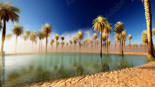 Palm trees line the reflective surface of a desert oasis under a clear blue sky, creating a tranquil tropical mirage landscape.