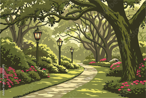 164 A lush, verdant garden path winding through towering trees and vibrant flowers, perfectly manicured lawn, ornate garden lanterns lining the walkway, intricate foliage and colorful blooms, serene a
