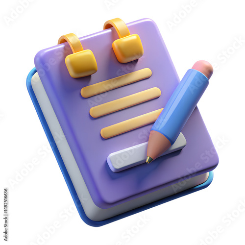 3d render purple notepad pencil note taking list