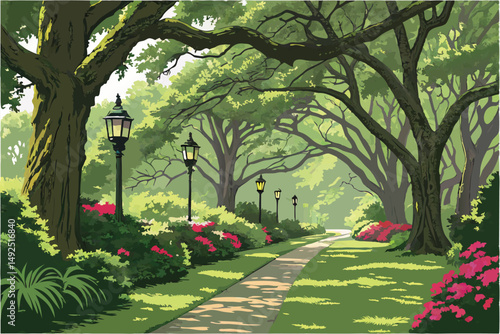 164 A lush, verdant garden path winding through towering trees and vibrant flowers, perfectly manicured lawn, ornate garden lanterns lining the walkway, intricate foliage and colorful blooms, serene a