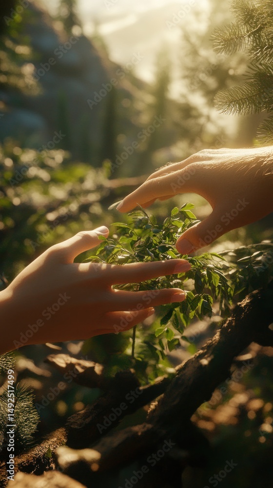 Two hands touching a plant in a forest bathed in sunlight