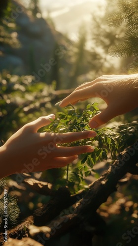 Obraz na płótnie Two hands touching a plant in a forest bathed in sunlight w salonie