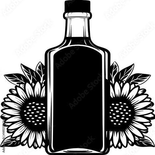 Bottle and sunflowers in silhouette vector illustration