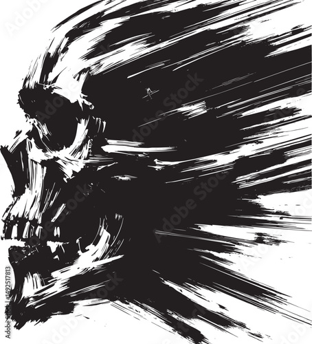 A dramatic skull illustration created with bold brush strokes, representing speed, energy, and abstraction. This black and white composition evokes mystery and artistic conceptuality