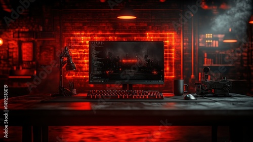 Dark gaming setup, red neon glow