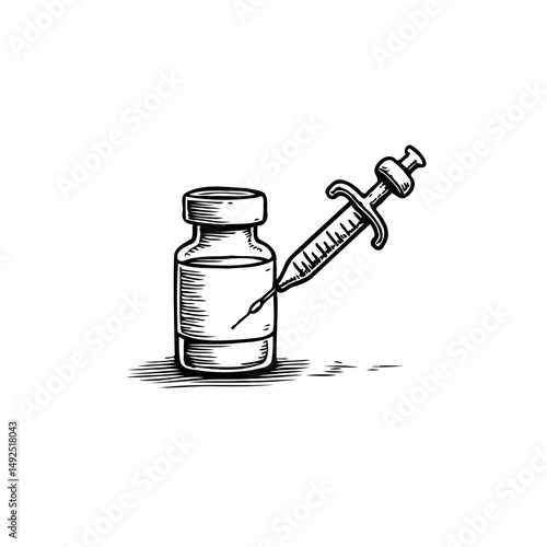 Monochrome drawing depicting a vial and syringe, symbolizing medical action
