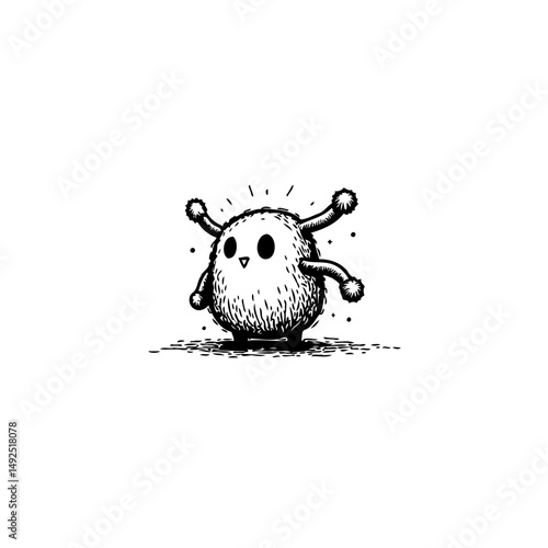 Whimsical ink sketch of a fuzzy creature with playful appendages and radiant spark