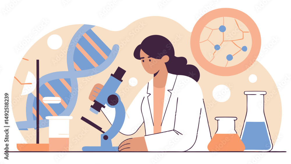 A female scientist is conducting research in a lab, examining samples under a microscope. She is working on a medical experiment related to DNA, vaccines and biotechnology. A female scientist is conducting research in a lab, examining samples under a microscope. She is working on a medical experiment related to DNA, vaccines and biotechnology.