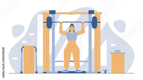 A young woman with an athletic body performs an exercise with a barbell in a modern gym. The atmosphere of the picture conveys energy, motivation and desire for a healthy lifestyle.