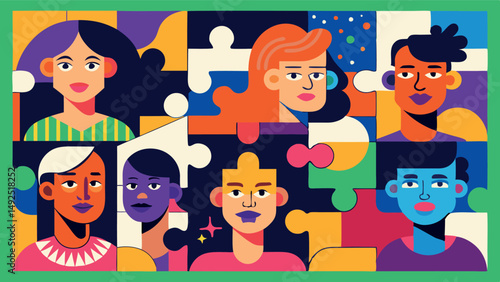 A bright and bold composition with abstract figures of people connected in a puzzle style creates a sense of dynamics and unity. The color scheme is rich and contrasting, attracting attention.