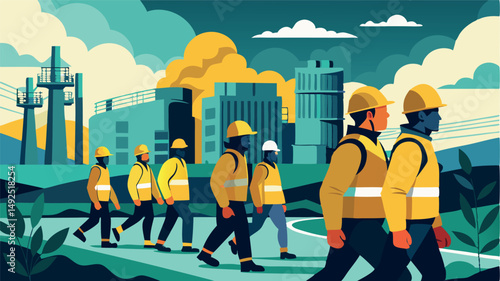 A group of workers in yellow helmets and jackets walk toward an industrial plant. A gray, cloudy sky hangs above them, emphasizing the working atmosphere.