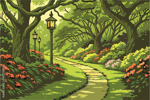164 A lush, verdant garden path winding through towering trees and vibrant flowers, perfectly manicured lawn, ornate garden lanterns lining the walkway, intricate foliage and colorful blooms, serene a