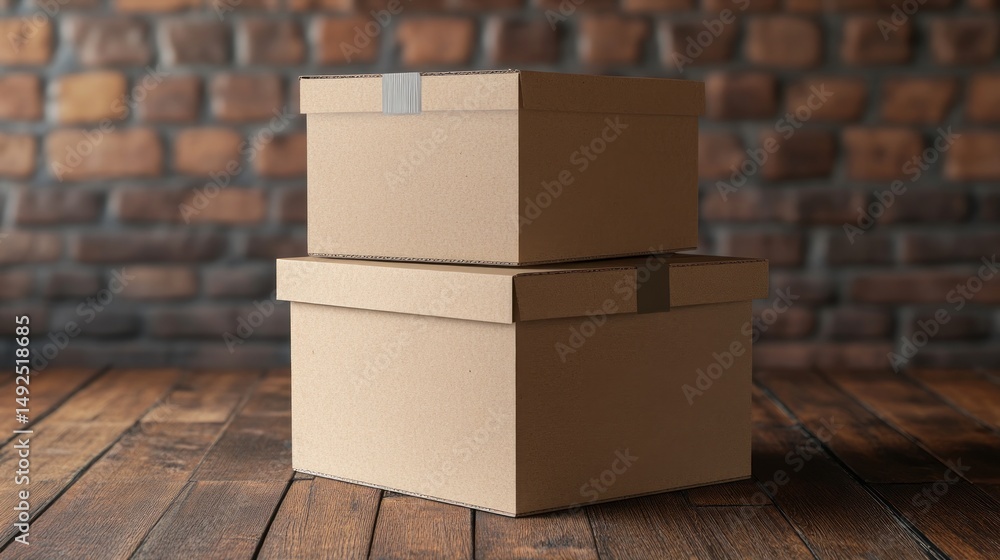 Stacked cardboard boxes on wooden floor brick wall background
