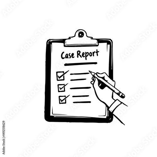 Hand Completing a Case Report on a Clipboard, Reviewing Important Details