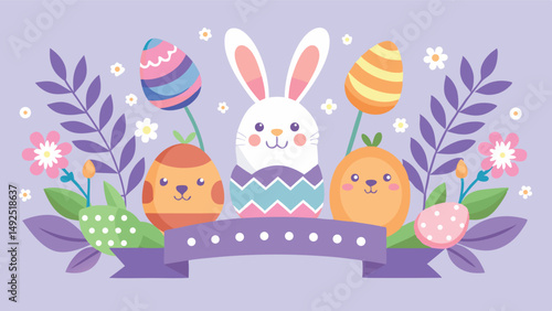 A bright Happy Easter banner with bunnies, flowers and Easter eggs in an abstract pattern. The design is cheerful, set against a soft lilac background that conveys the festive spirit.