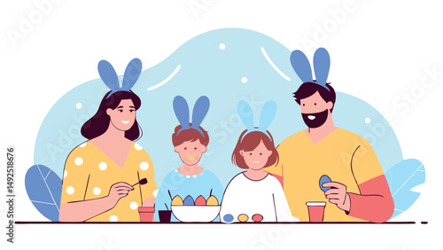 A family of four is happily decorating Easter eggs at the kitchen table. Parents and children wear funny bunny ears, enjoying the creative process. Warm holiday atmosphere.