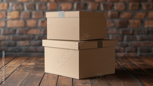 Obraz na płótnie Stacked cardboard boxes on wooden floor brick wall background w salonie
