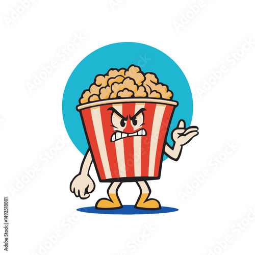 Mascot of angry popcorn box, clenched fists.