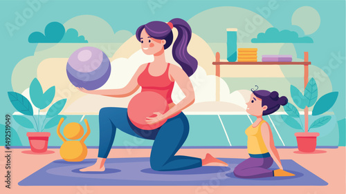 A pregnant woman practices yoga using a fitness ball to maintain balance and strength. She looks relaxed and sophisticated, embodying a healthy and active lifestyle for pregnant women.