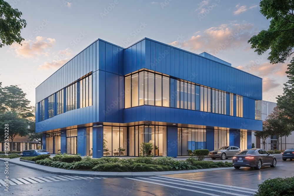 Obraz premium Stylish Compact Corporate Center with Contemporary Blue Facade and Modern Architectural Design