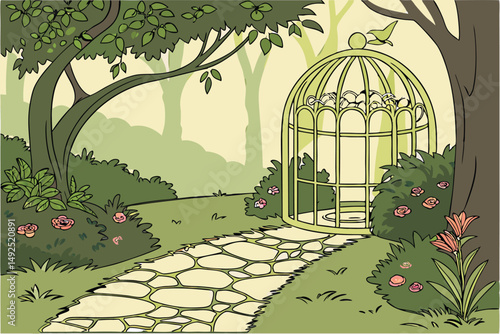 165 intricate ultra-detailed photorealistic fantasy garden scene, whimsical birdcage arbor, lush greenery, vibrant flowers, cobblestone path, daylight, cinematic lighting, 8k, hyper-realistic, stunnin