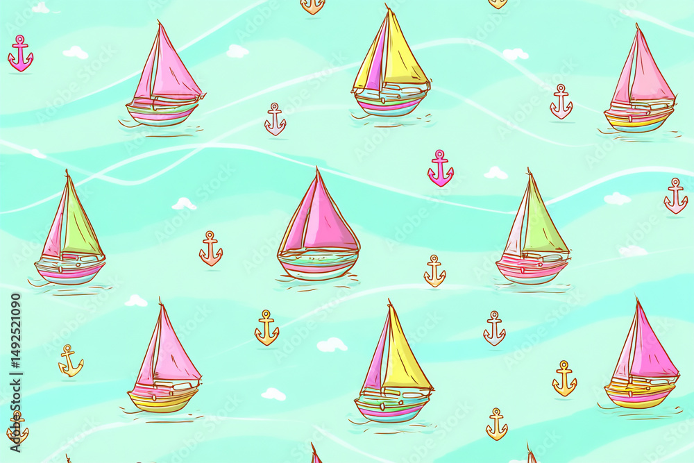 whimsical seamless pattern of stylized sailboats and anchors on a light blue background with wavy li whimsical seamless pattern of stylized sailboats and anchors on a light blue background with wavy li