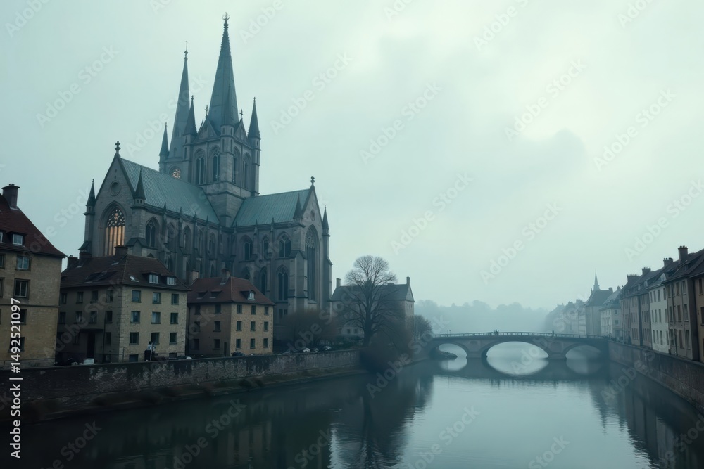 Naklejka premium Enigmatic Cathedral Cityscape on a Misty River with an Ancient Stone Arch Bridge